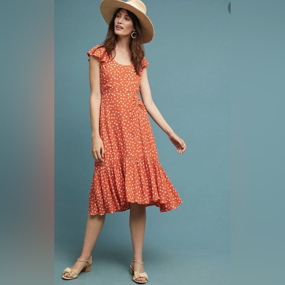 Maeve by Anthropologie High Low Orange Floral Dress with White Flowers